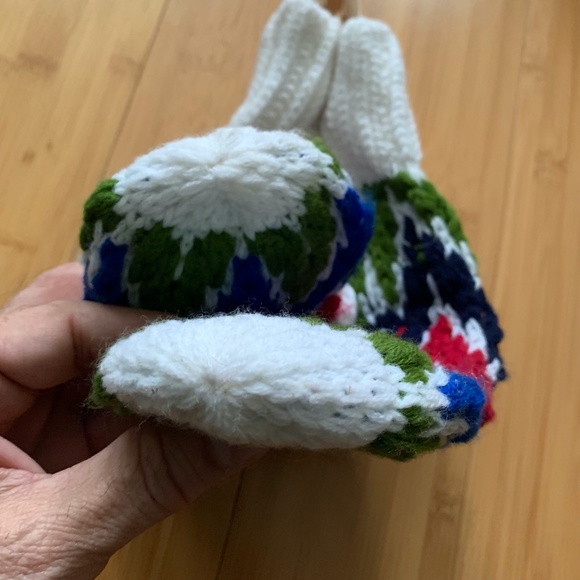 Vintage 1970s Blue Green Red White Bulky Knit Tiffani Mittens Winter Gloves - Picture 10 of 14